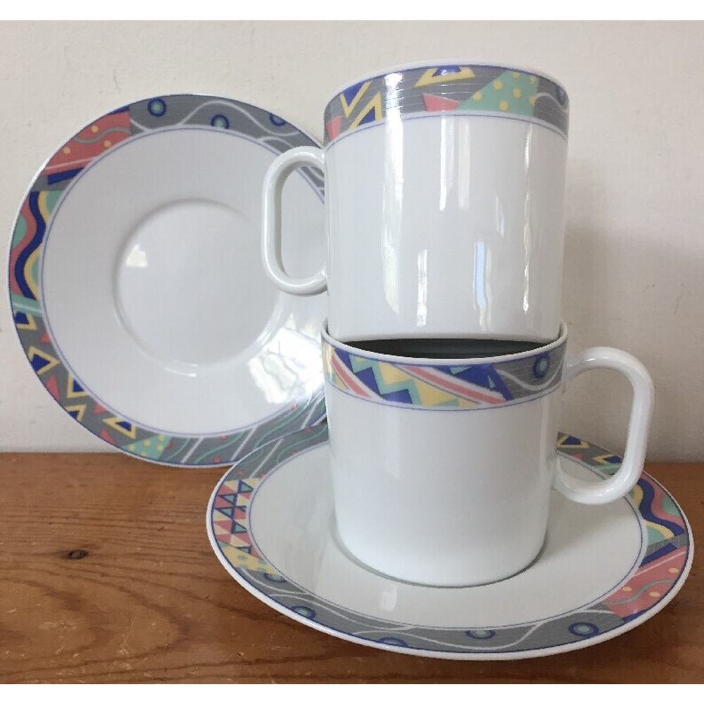 Pair Vtg Mikasa Studio Nova Y0224 New Wave Memphis Vaporwave Tea Cups Saucers